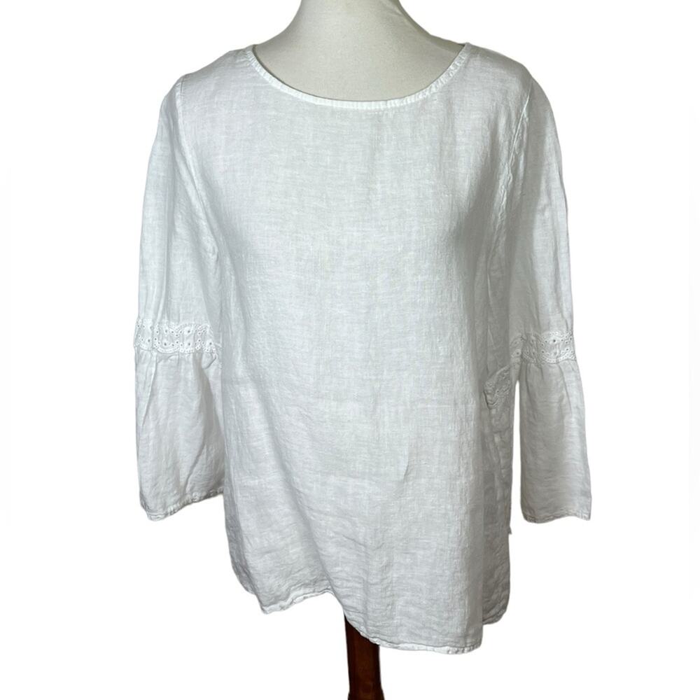 Francesca Bettini White Woven Italian Linen Blouse with Flared Sleeves Size L
